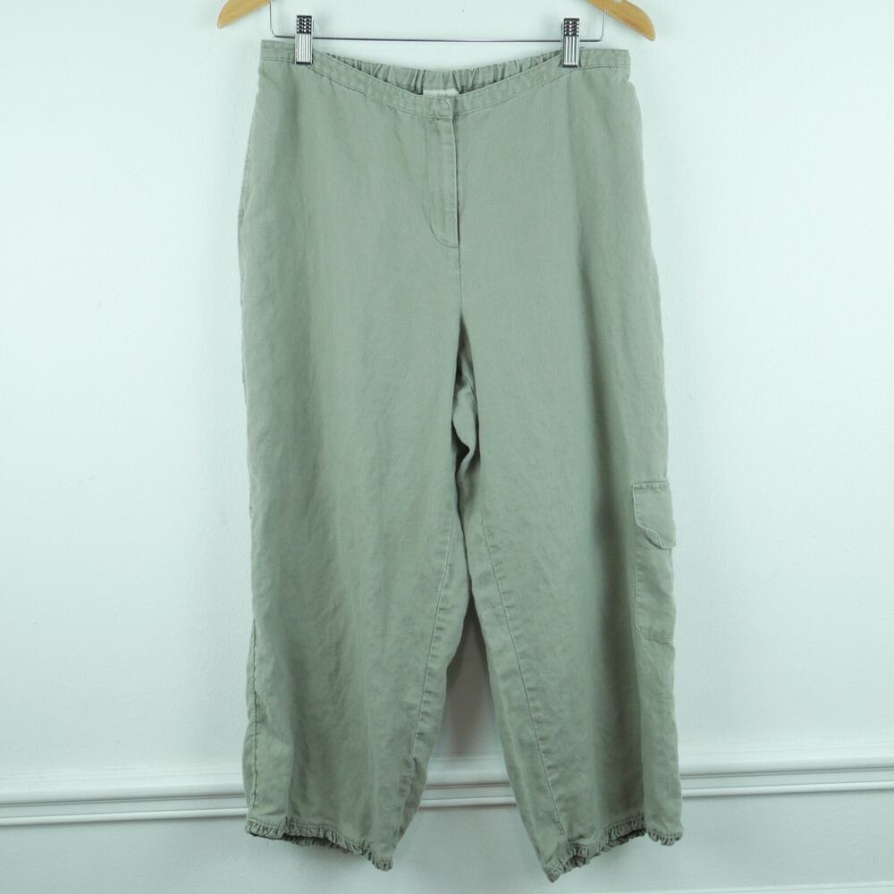 J. Jill Medium Linen Pants Crop Cargo Ruffle Lagenlook Beachy Minimal Sage Green